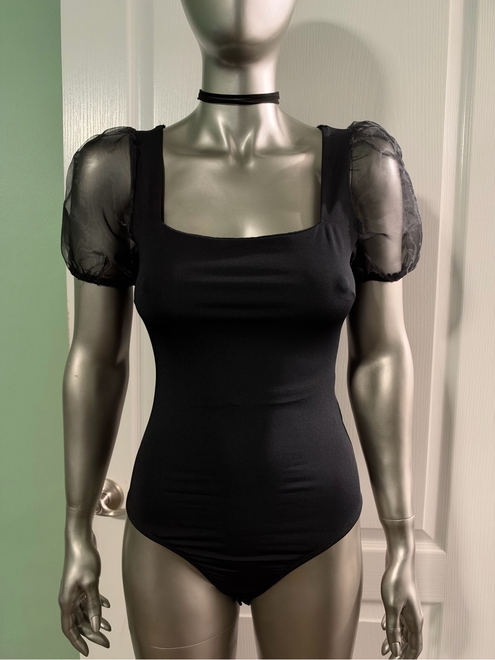 Princess Polly Black Sheer Puff Sleeve Square Neck Bodysuit